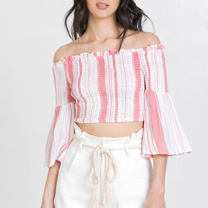 Striped Off-the-shoulder Gauze Crop Top