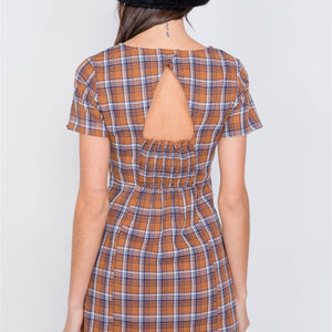 Brown Multi Checkered Stripe Casual Open Back Vintage Mini Dress