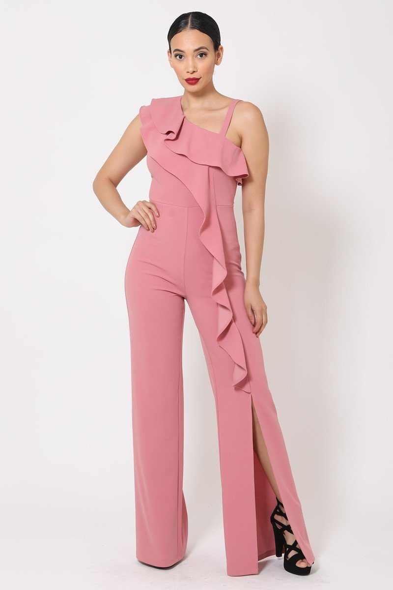 Shoulder Jumpsuit: Dark Mauve One Shoulder Ruffle Elegance