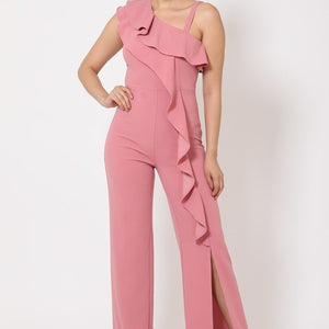 Shoulder Jumpsuit: Dark Mauve One Shoulder Ruffle Elegance