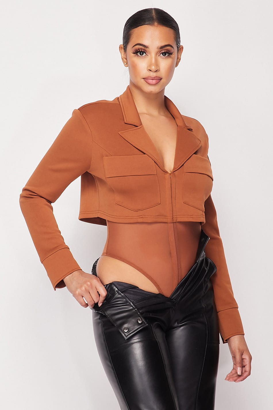 Cropped Power Shoulder Blazer Bodysuit