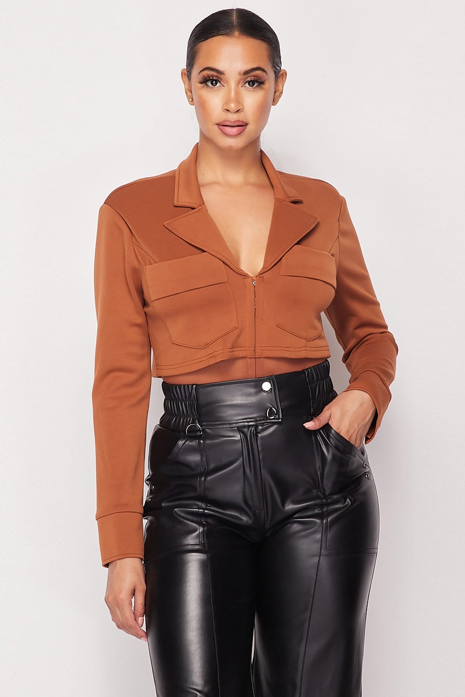 Cropped Power Shoulder Blazer Bodysuit