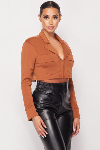 Cropped Power Shoulder Blazer Bodysuit