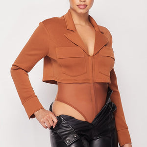 Cropped Power Shoulder Blazer Bodysuit