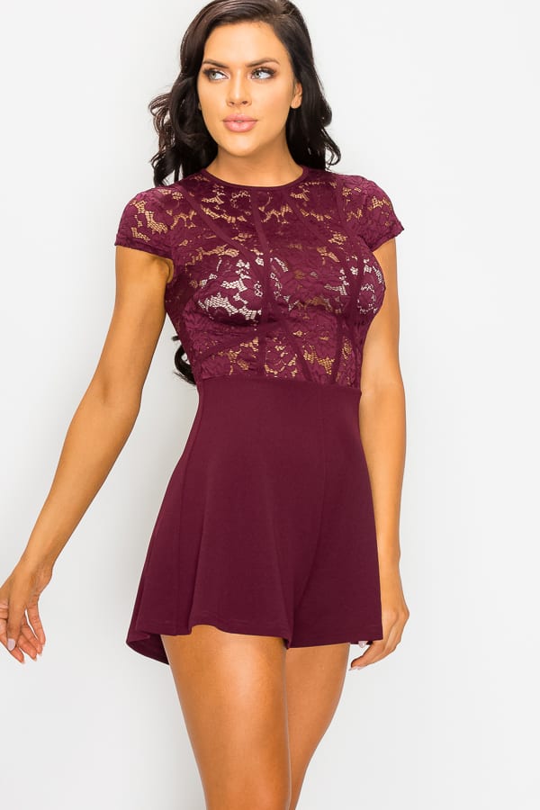 Floral Sheer Lace Combo Romper in Plum