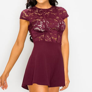 Floral Sheer Lace Combo Romper in Plum