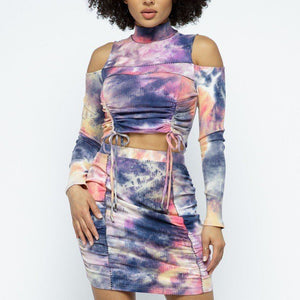 Tie Dye Open Shoulder Long Sleeve Top And Matching Skirt W Ruching Details