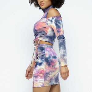 Tie Dye Open Shoulder Long Sleeve Top And Matching Skirt W Ruching Details