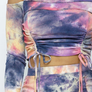 Tie Dye Open Shoulder Long Sleeve Top And Matching Skirt W Ruching Details