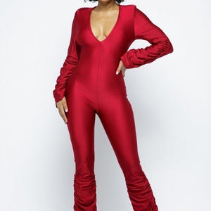 Red Yoga Shoulder Padded Ruched Stacked Jumpsuit