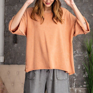 3/4 Slvs Mineral Washed Terry Knit Boxy Top