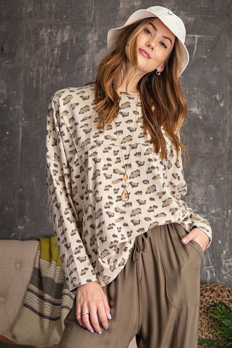 Tan Leopard Printed Garment Dye Loose Fit Knit Top