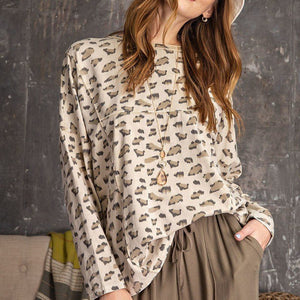 Tan Leopard Printed Garment Dye Loose Fit Knit Top