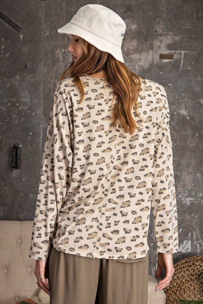 Tan Leopard Printed Garment Dye Loose Fit Knit Top