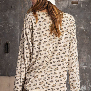 Tan Leopard Printed Garment Dye Loose Fit Knit Top