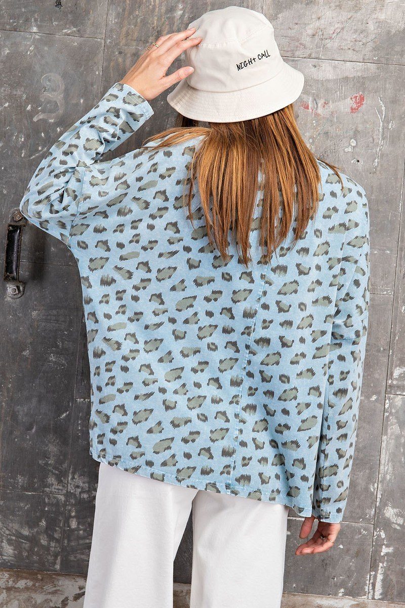 Faded Blue Leopard Printed Garment Dye Loose Fit Knit Top