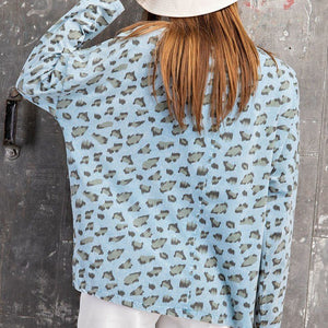 Faded Blue Leopard Printed Garment Dye Loose Fit Knit Top