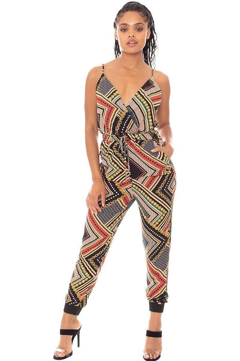 Boarder Print Wrap Drawstring Waist Jumpsuit - Stylish & Comfortable