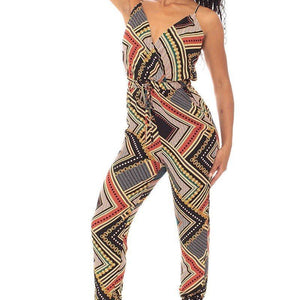 Boarder Print Wrap Drawstring Waist Jumpsuit