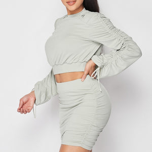 Ruched Long Sleeve And Skirt Set