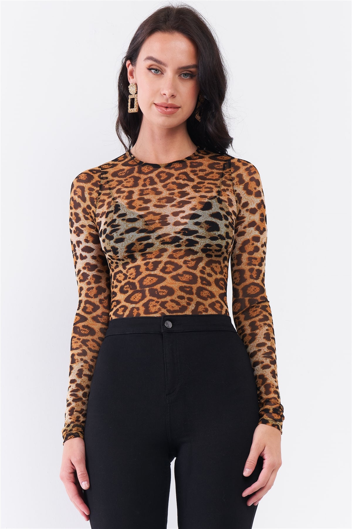 Stylish Brown Leopard Print Sheer Mesh Bodysuit for Effortless Elegance