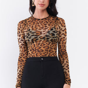 Stylish Brown Leopard Print Sheer Mesh Bodysuit for Effortless Elegance