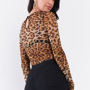 Stylish Brown Leopard Print Sheer Mesh Bodysuit for Effortless Elegance