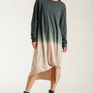 Ombre Front Knot Detail Long Sleeve Maxi Dress With Raw Hem