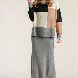 Colorblock Contrasted Cotton Fabric On Back Top With Side Slits And High Low Hem