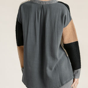 Colorblock Contrasted Cotton Fabric On Back Top With Side Slits And High Low Hem