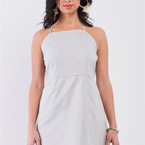 Light Grey Cotton Sleeveless Back Criss Cross Straps Square Neck Side Pockets Apron Mini Dress