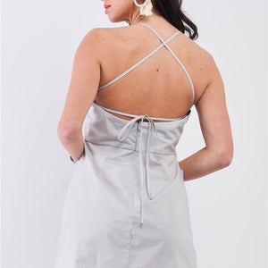 Light Grey Cotton Sleeveless Back Criss Cross Straps Square Neck Side Pockets Apron Mini Dress