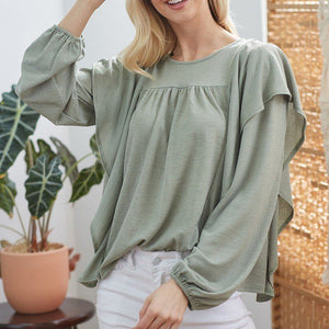 Draped Ruffle Long Sleeve Top in Sage