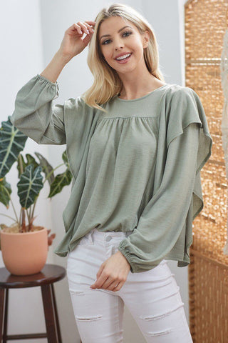 Draped Ruffle Long Sleeve Top in Sage