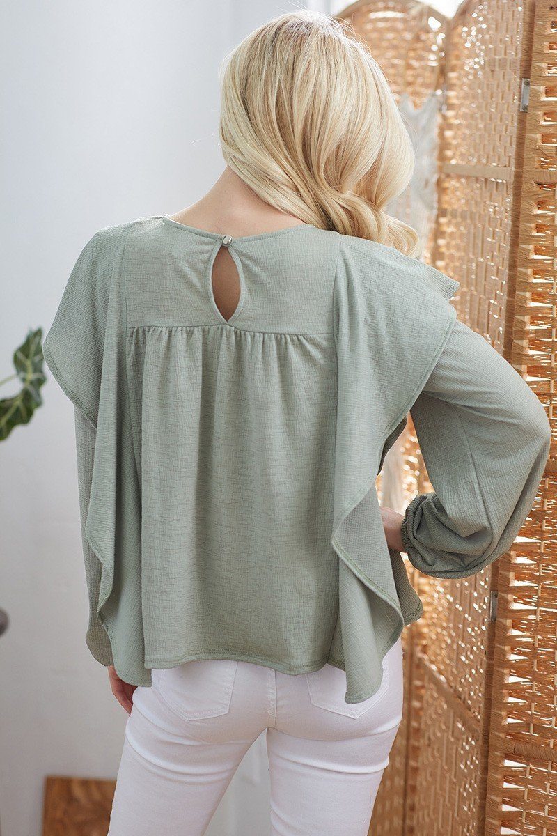 Draped Ruffle Long Sleeve Top in Sage