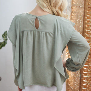 Draped Ruffle Long Sleeve Top in Sage