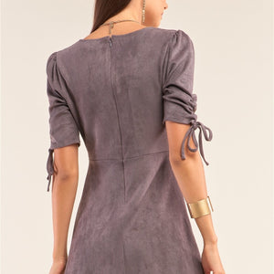 Charcoal Grey Suede Deep Plunge V-neck Gathered Detail Tight Fit Mini Dress