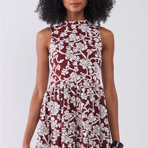 Burgundy & White Floral Crew Neck Sleeveless Fitted Mini Dress