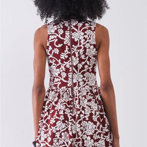 Burgundy & White Floral Crew Neck Sleeveless Fitted Mini Dress