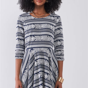 Navy & White Multi Print Round Neck 3/4 Sleeve A-line Mini Dress