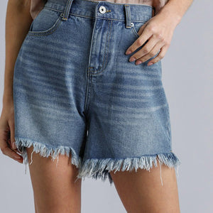 High Rise Denim Shorts With Raw Hem