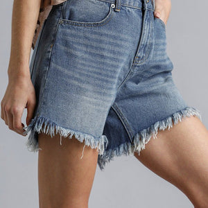 High Rise Denim Shorts With Raw Hem