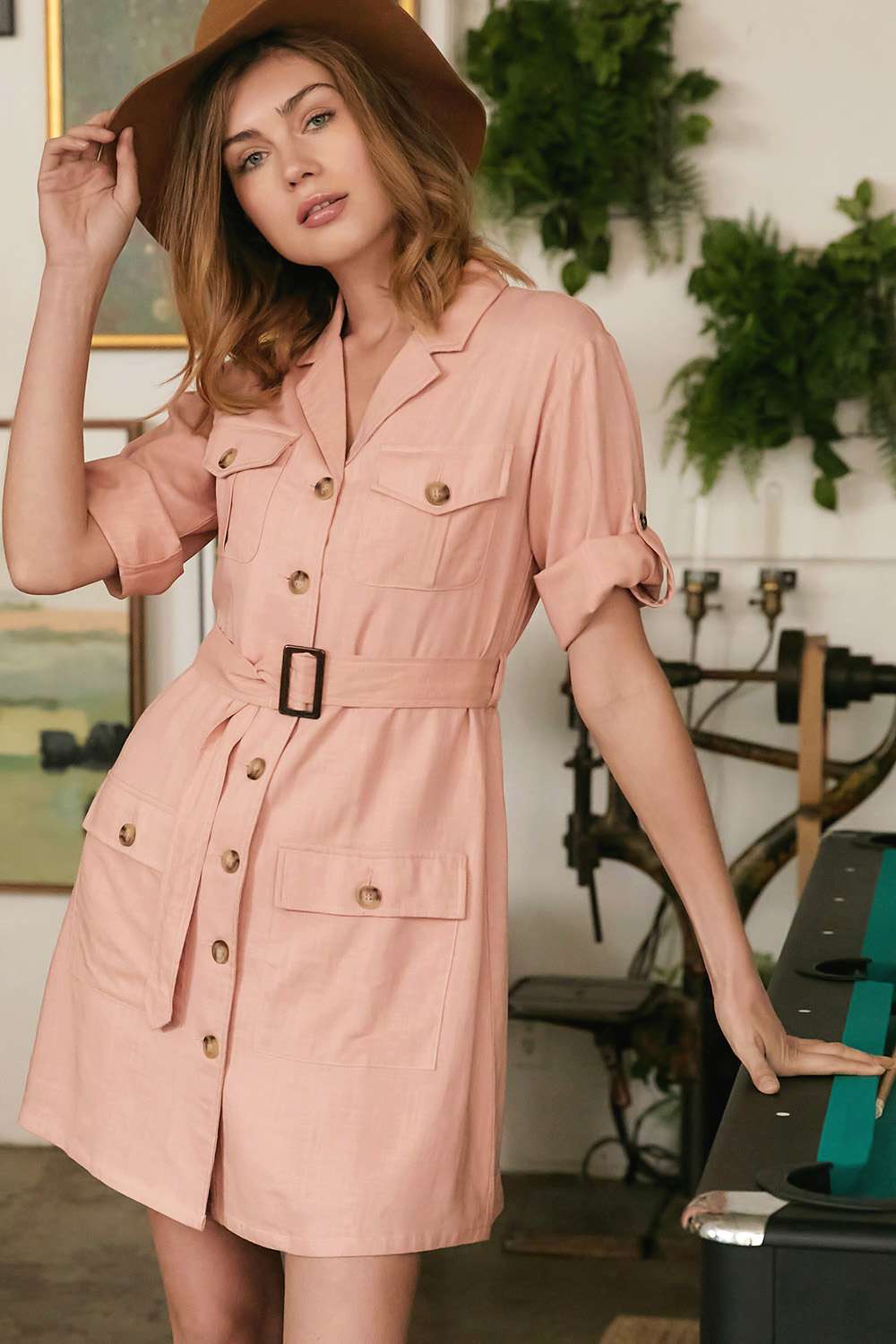 Drop Shoulder With Saist Tie Belted Dress in Pink