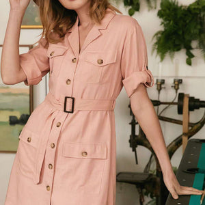 Drop Shoulder With Saist Tie Belted Dress in Pink