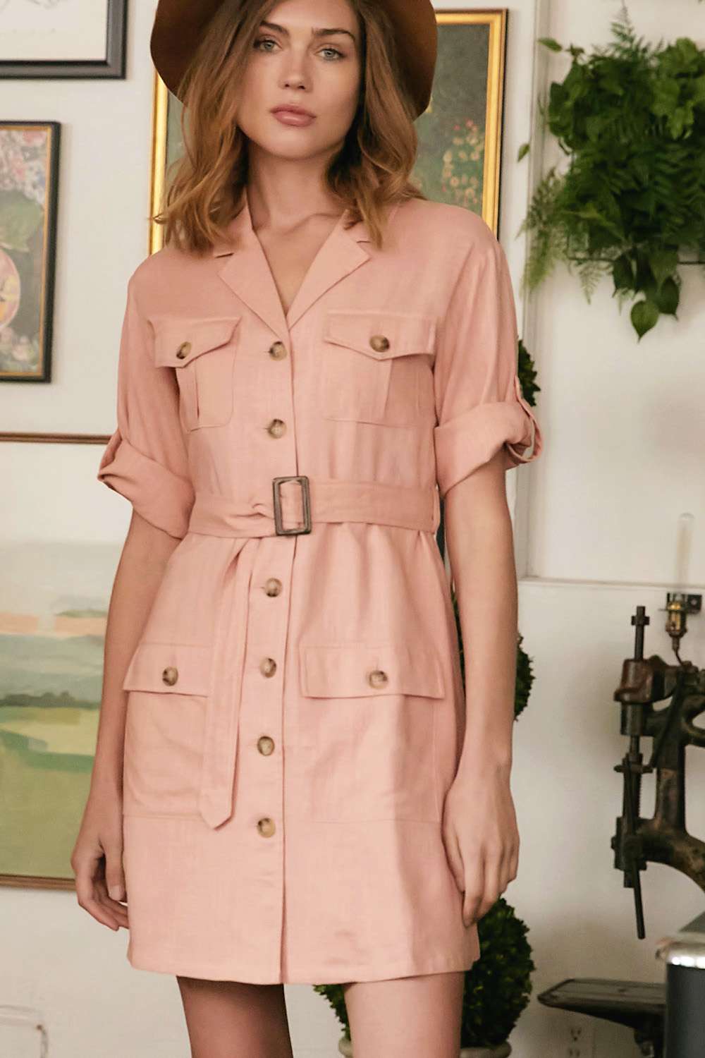 Drop Shoulder With Saist Tie Belted Dress in Pink