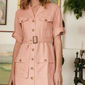 Drop Shoulder With Saist Tie Belted Dress in Pink