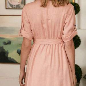 Drop Shoulder With Saist Tie Belted Dress in Pink