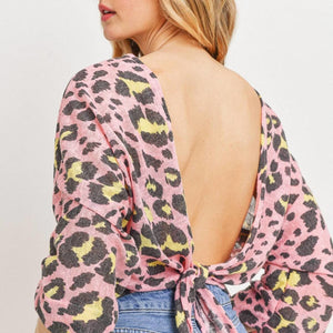 Leopard Knit Back Opened Short Sleeve Top