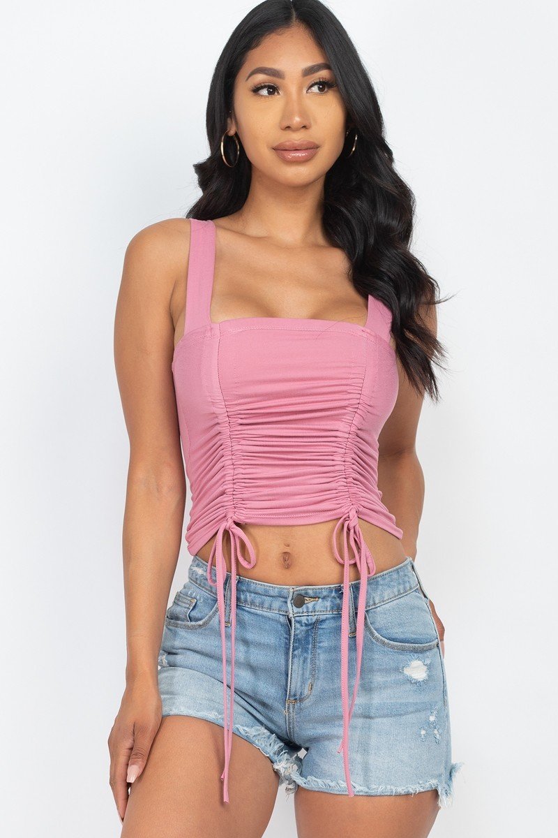 Adjustable Front Ruched With String Square Neck Crop Tops