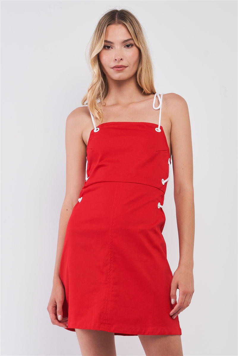 Red Lace-up Straps Sleeveless Square Neck Fitted Mini Dress